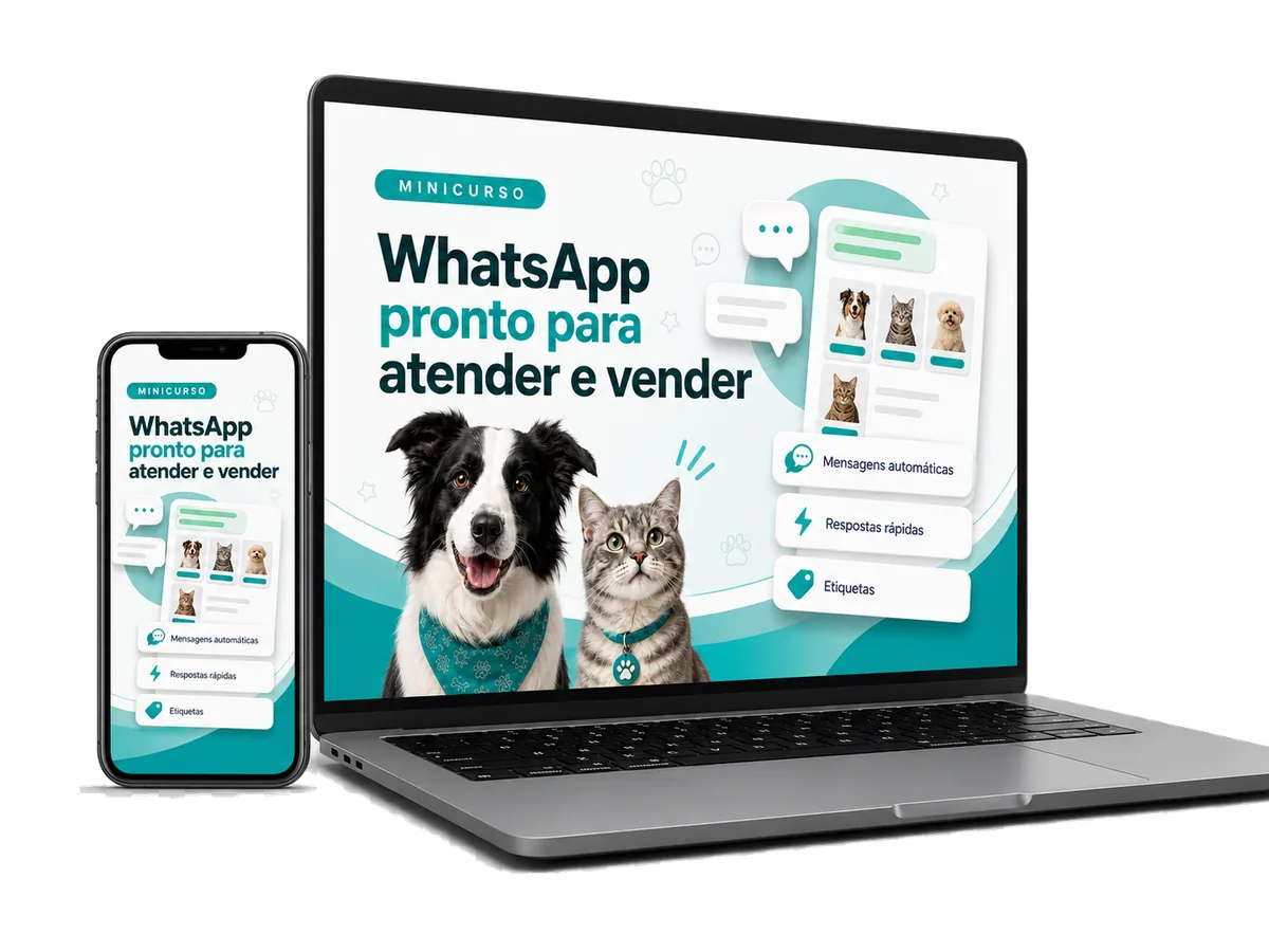 Mockup do minicurso WhatsApp pronto para atender e vender em notebook